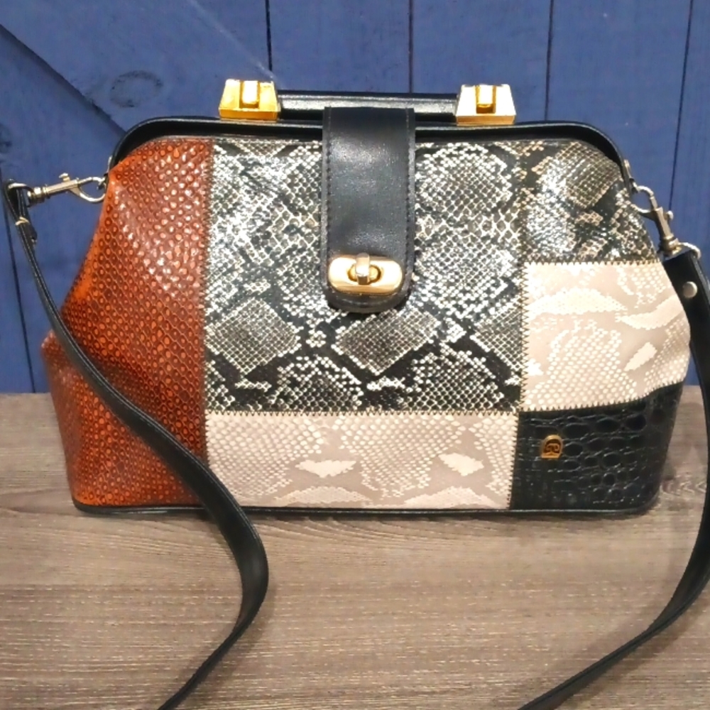 Vintage REPTILE Skin Tote hinged leather handbag